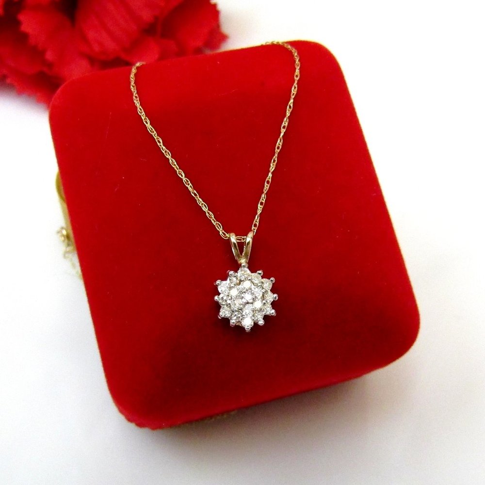Diamond Cluster Pendant Necklace Solid 10k Yellow Gold Genuine Natural Real - Picture 1 of 6